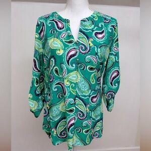 Kim Rogers Green 3/4 Sleeve Mandarin Collar Blouse